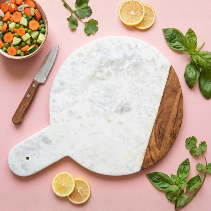 Round White Marble & Wood Chopping Board