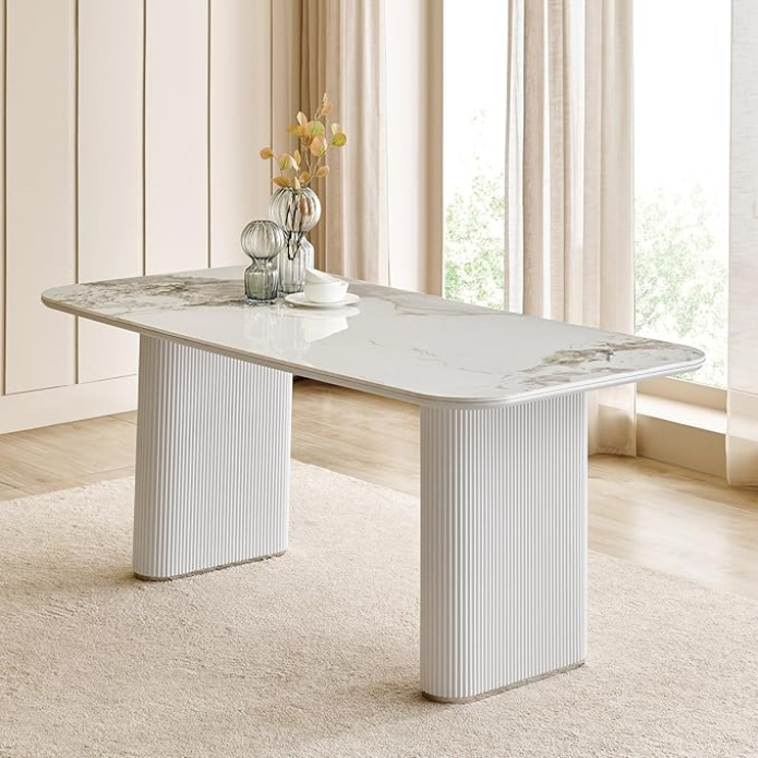 Column-Base White Marble Dining Table
