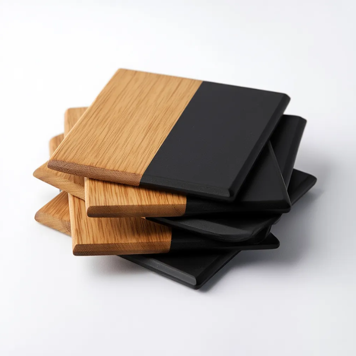 Dual-Tone Wood & Black Marble Coaster