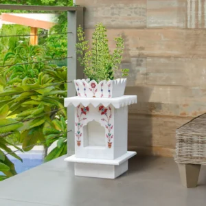 Marble Tulsi Pot, White Inlay (Small)