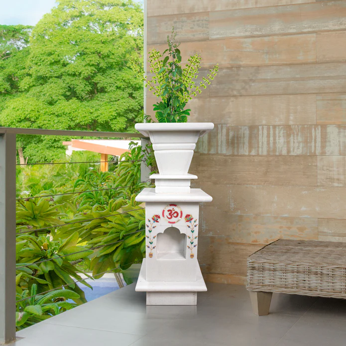 Marble Tulsi Pot, White Marble Inlay
