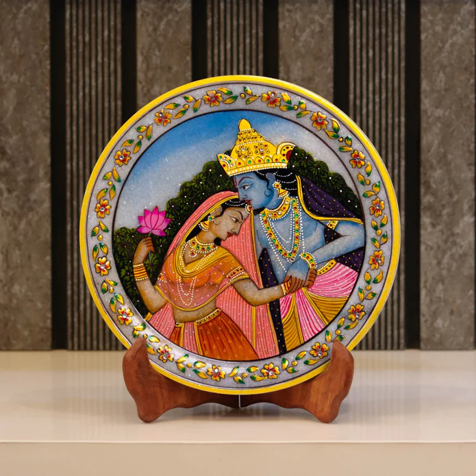 Radha Krishna 1, Gold Leaf, Marble Decorative Plate