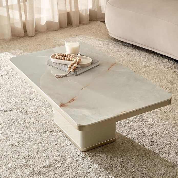 Rectangular Coffee Table Beige Marble