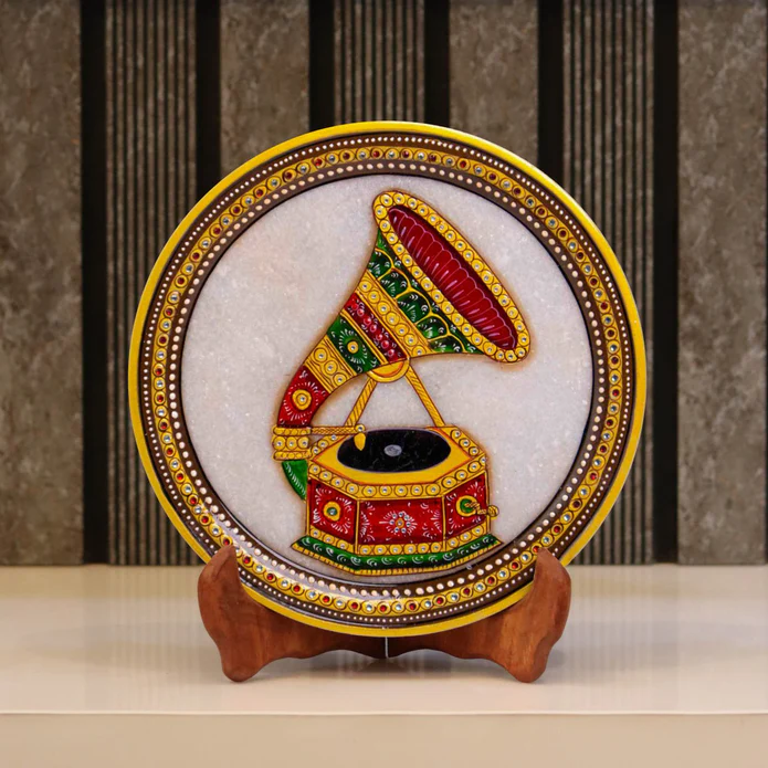 Traditional Phonograph, Gold Leaf, Marble Decorative Plate